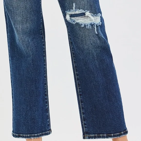 RISEN High-Rise Waist Distressed Patch Knee Straight Leg Pants Ankle Denim Jeans - Picture 13 of 16